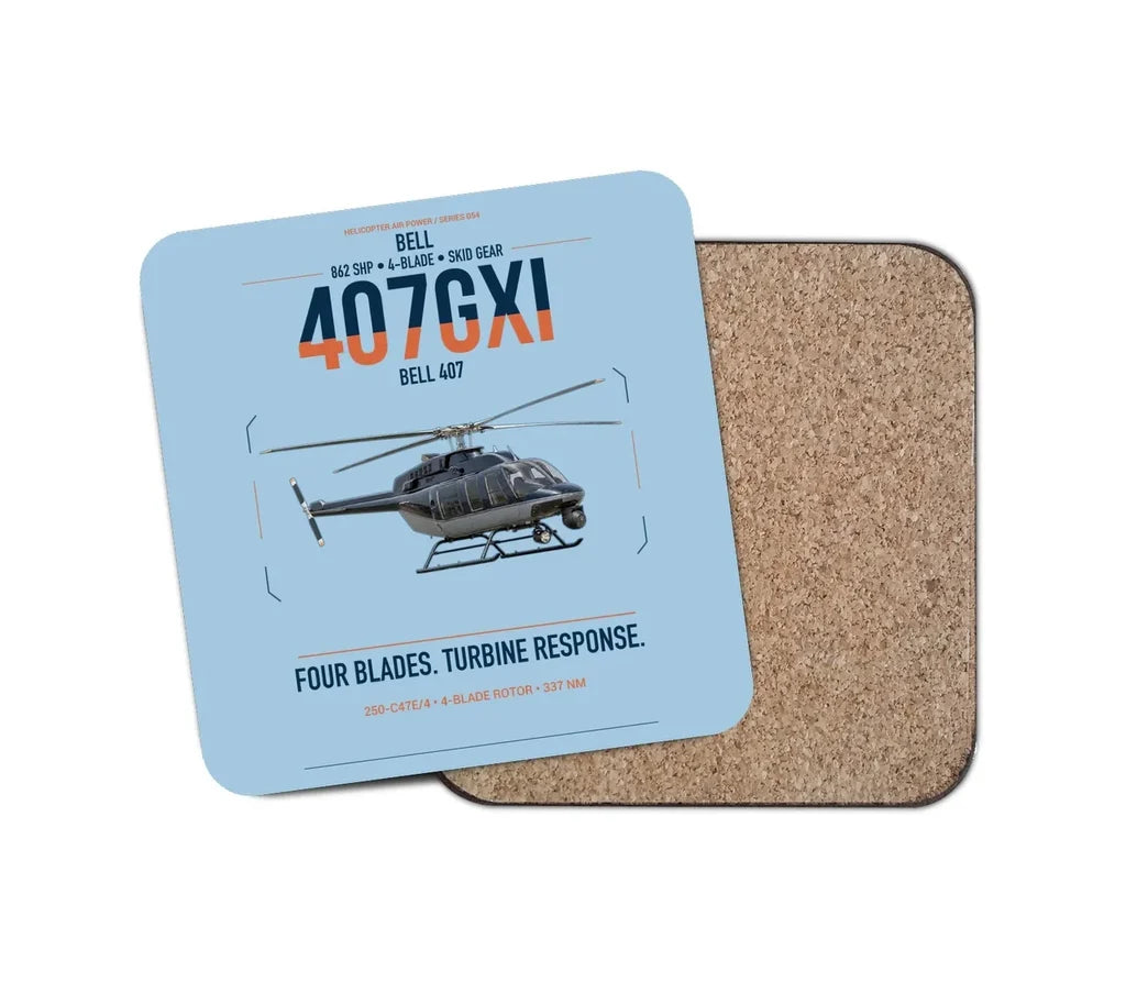 Bell 407GXi design on light blue 1 piece coaster