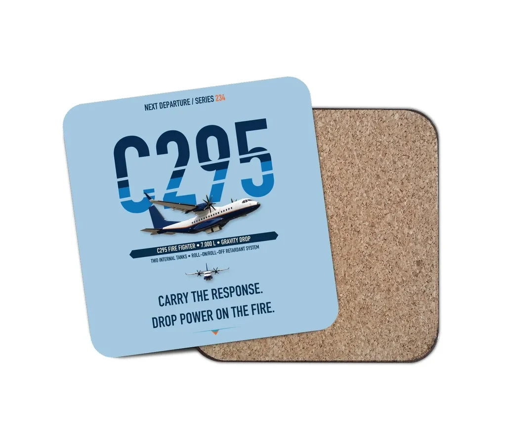 Airbus C295 Firefighter design on light blue 1 piece coaster