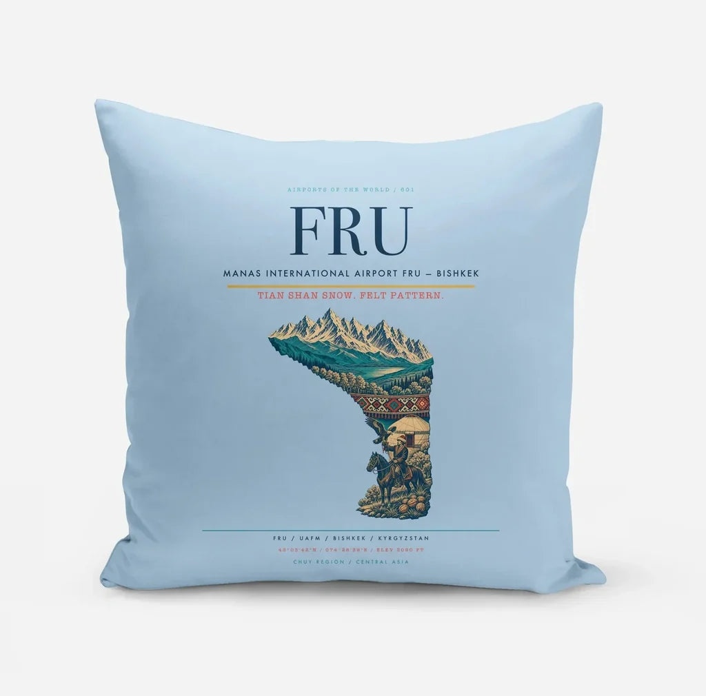 Manas International Airport (FRU) design on light blue pillow
