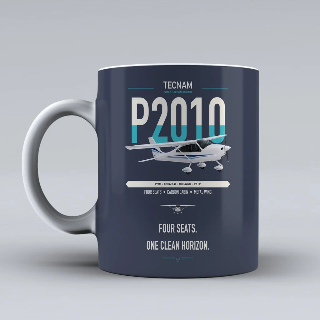 Tecnam P2010 design on dark blue ceramic mug, double-side print