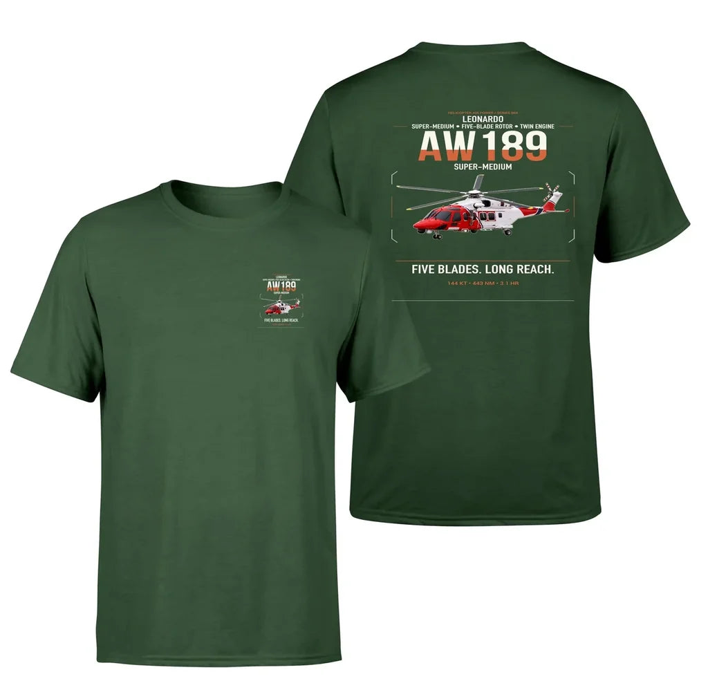 Leonardo AW189 design on dark green t-shirt, double-side print