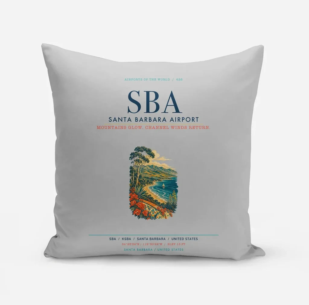 Santa Barbara Airport (SBA) design on light gray pillow