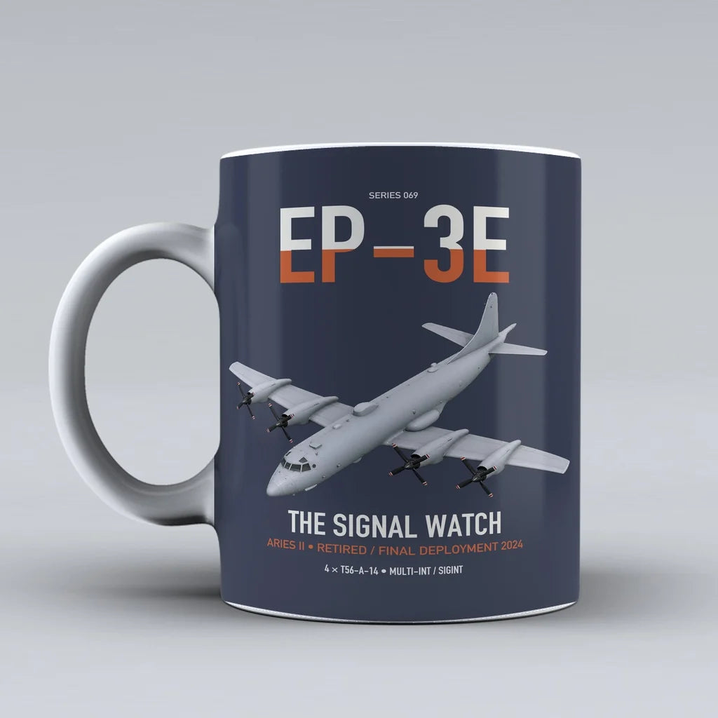 EP-3E ARIES II design on dark blue ceramic mug, double-side print
