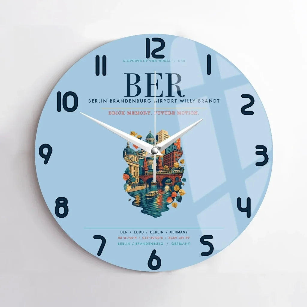 Berlin Brandenburg Airport Willy Brandt (BER) design on light blue no frame wall clock