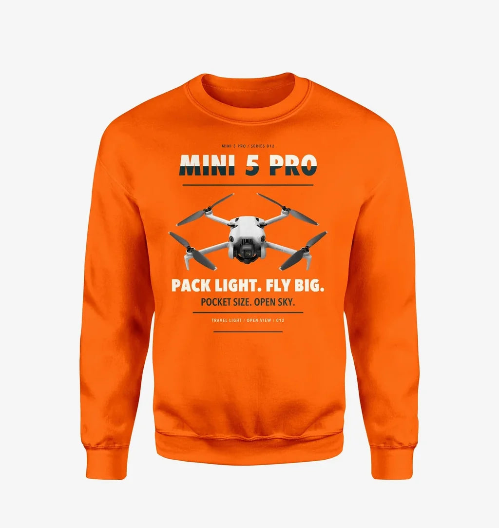 DJI Mini 5 Pro design on orange sweatshirt
