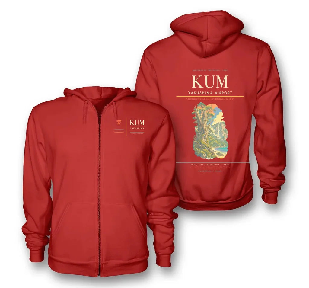 Yakushima Airport (KUM) design on red premium zipped hoodie
