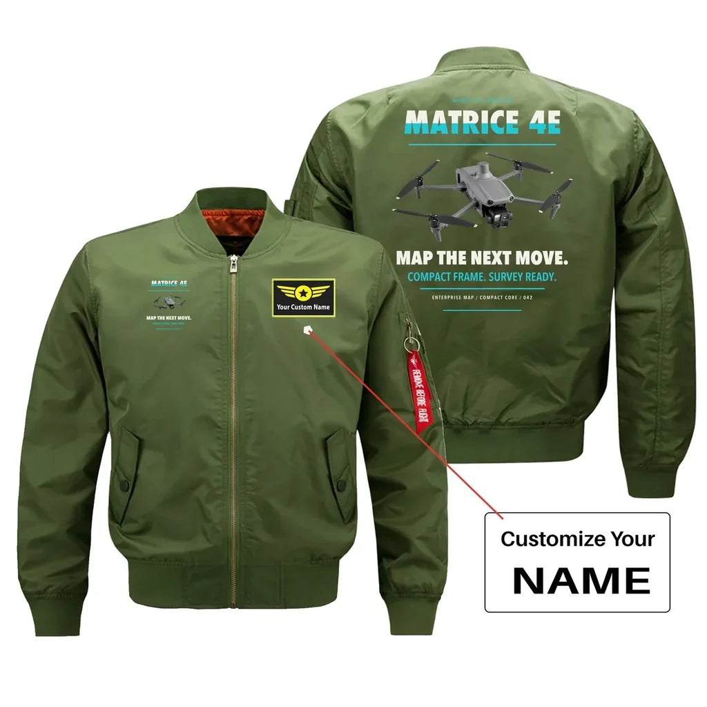 DJI Matrice 4E design on green bomber with custom name badge