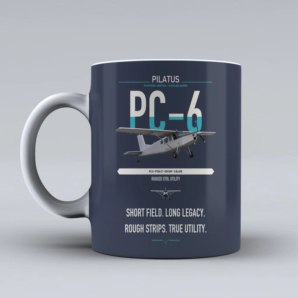 Pilatus PC-6 Porter design on dark blue ceramic mug, double-side print