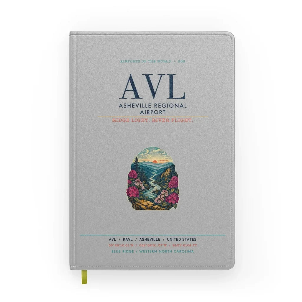 Asheville Regional Airport (AVL) design on light gray notebook