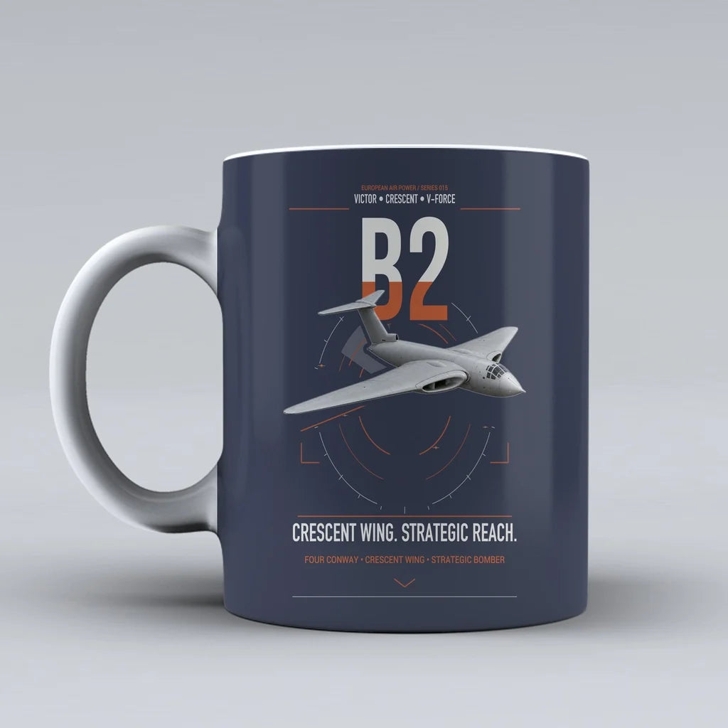 Handley Page Victor B2 design on dark blue ceramic mug, double-side print