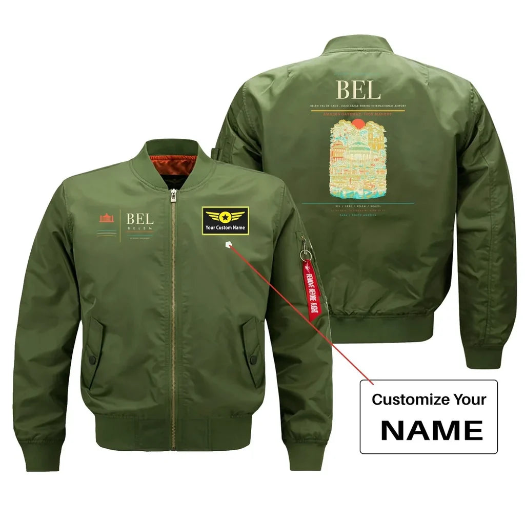 Belem Val de Cans (BEL) design on green bomber jacket with custom name patch