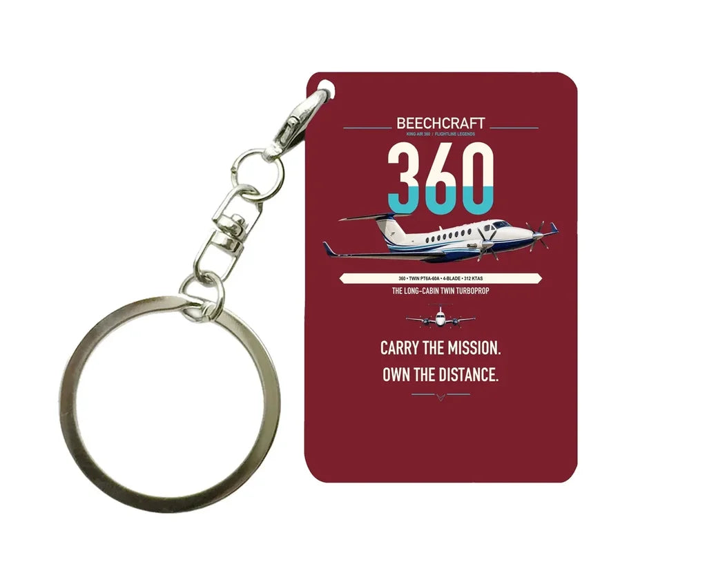 Beechcraft King Air 360 design on dark red designed key chain, double-side print