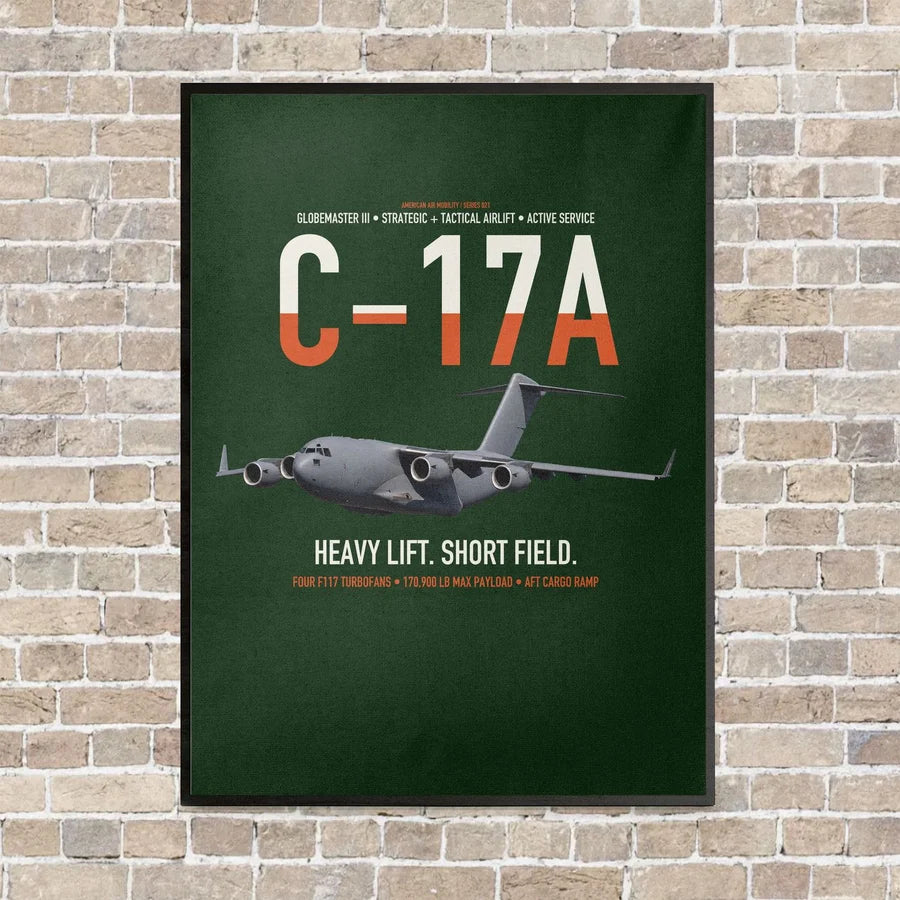 C-17A Globemaster III vertical canvas print - framed - dark green background