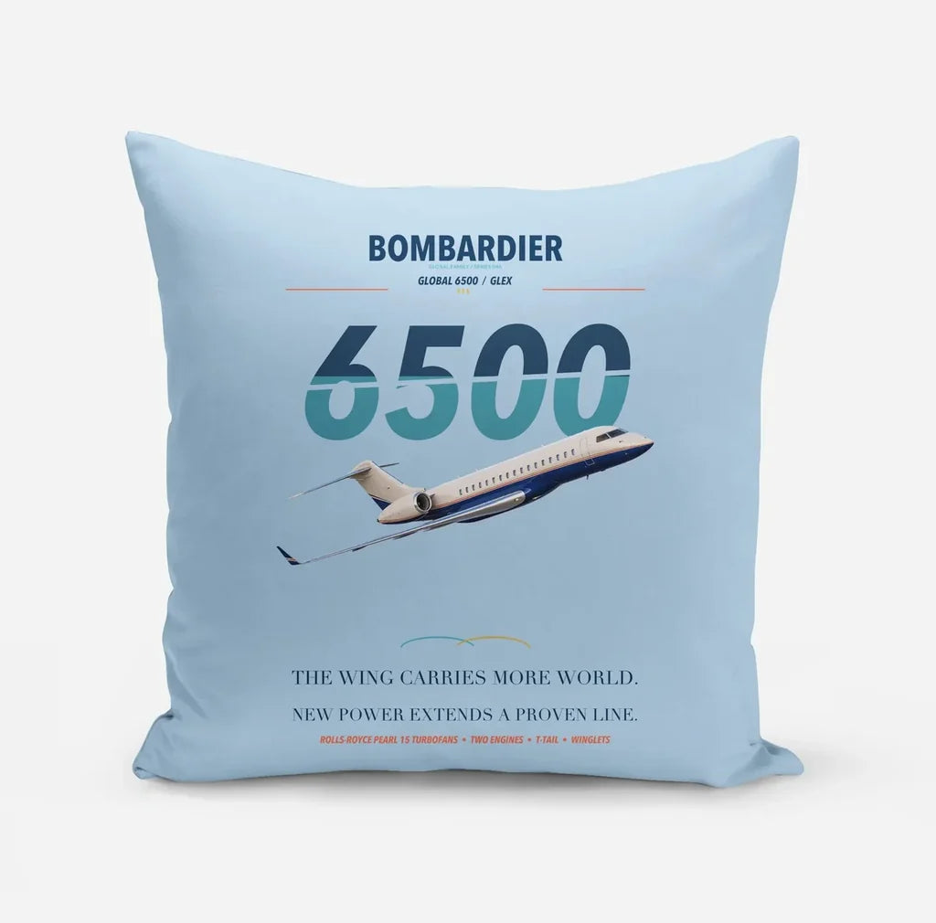 Bombardier Global 6500 design on light blue pillow