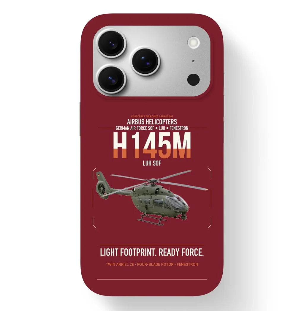 Airbus Helicopters H145M LUH SOF design on dark red magsafe iphone case, for iPhone 17 Pro
