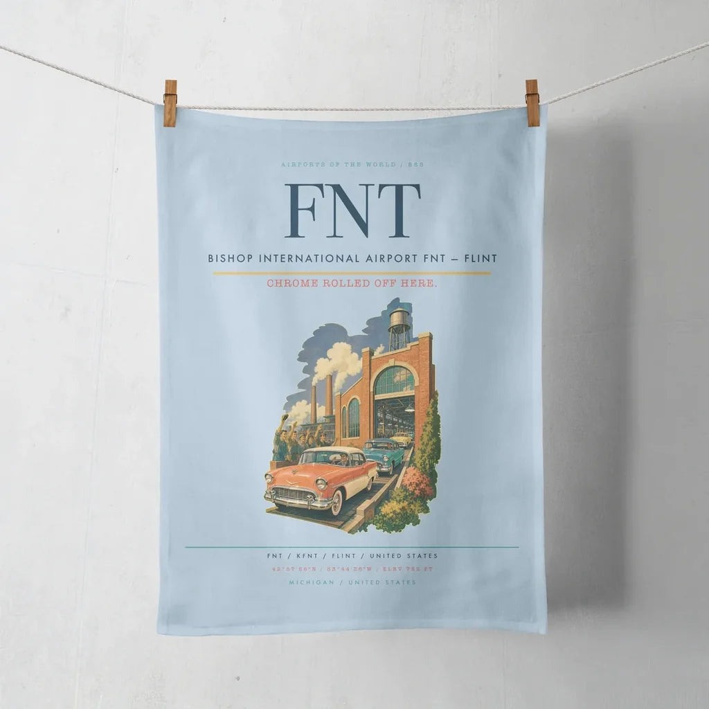 Bishop International Airport (FNT) design on light blue towel