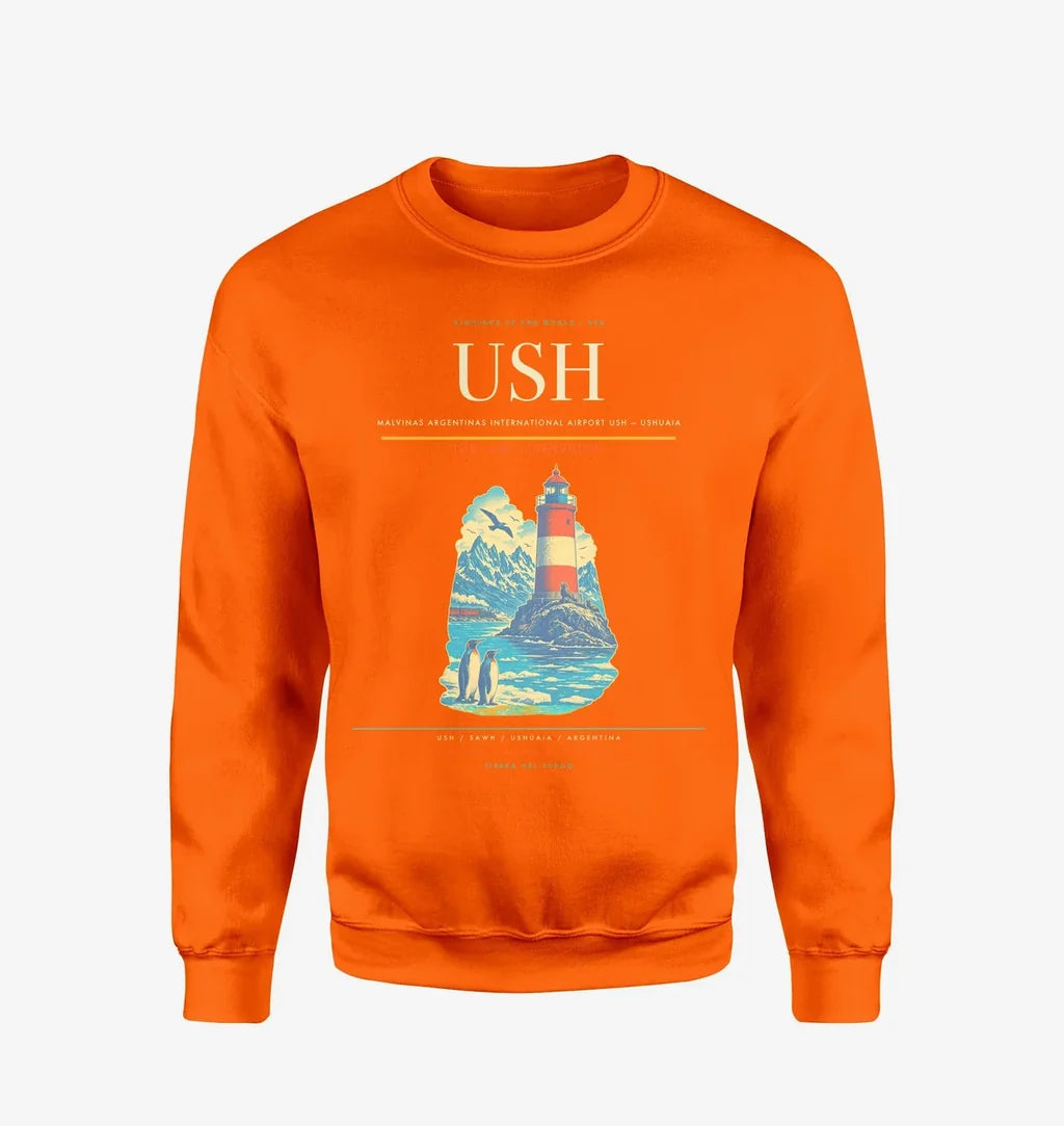 Malvinas Argentinas International Airport (USH) design on orange sweatshirt