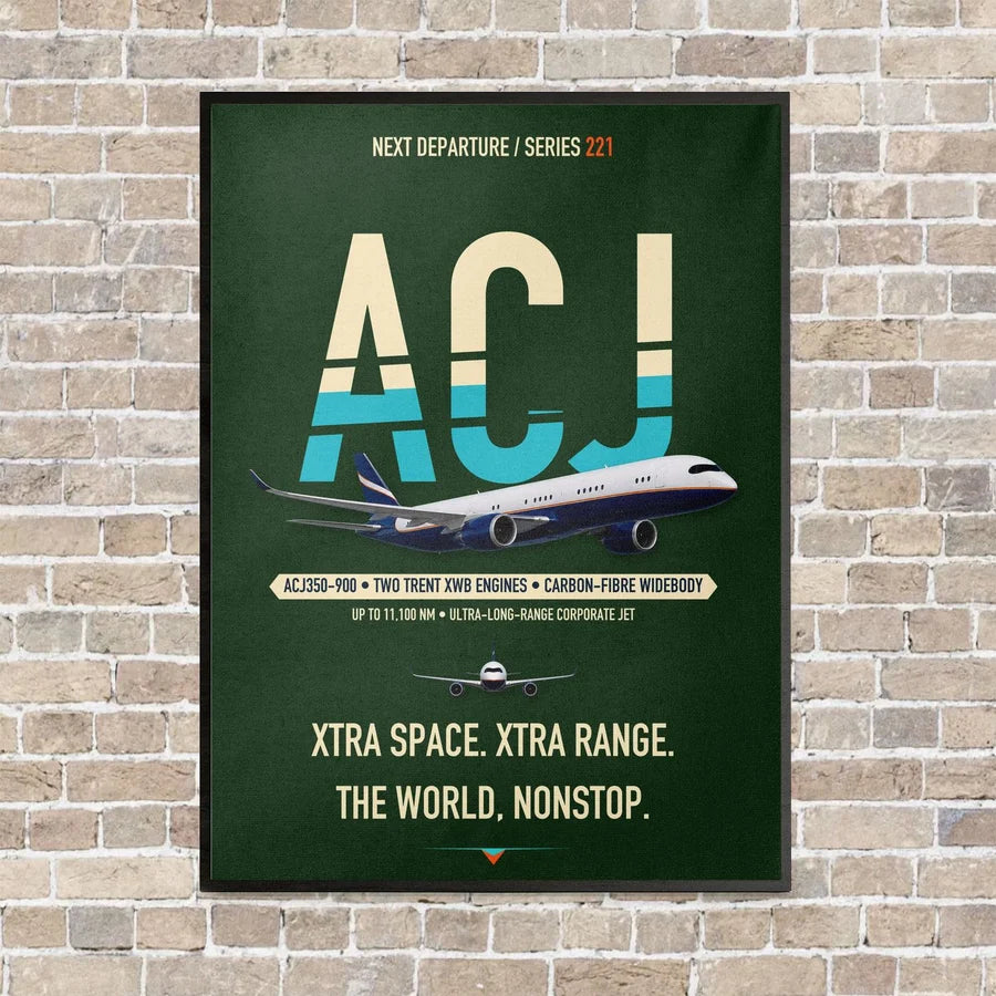 Airbus ACJ350 / exact ACJ350-900 vertical canvas print - framed - dark green background