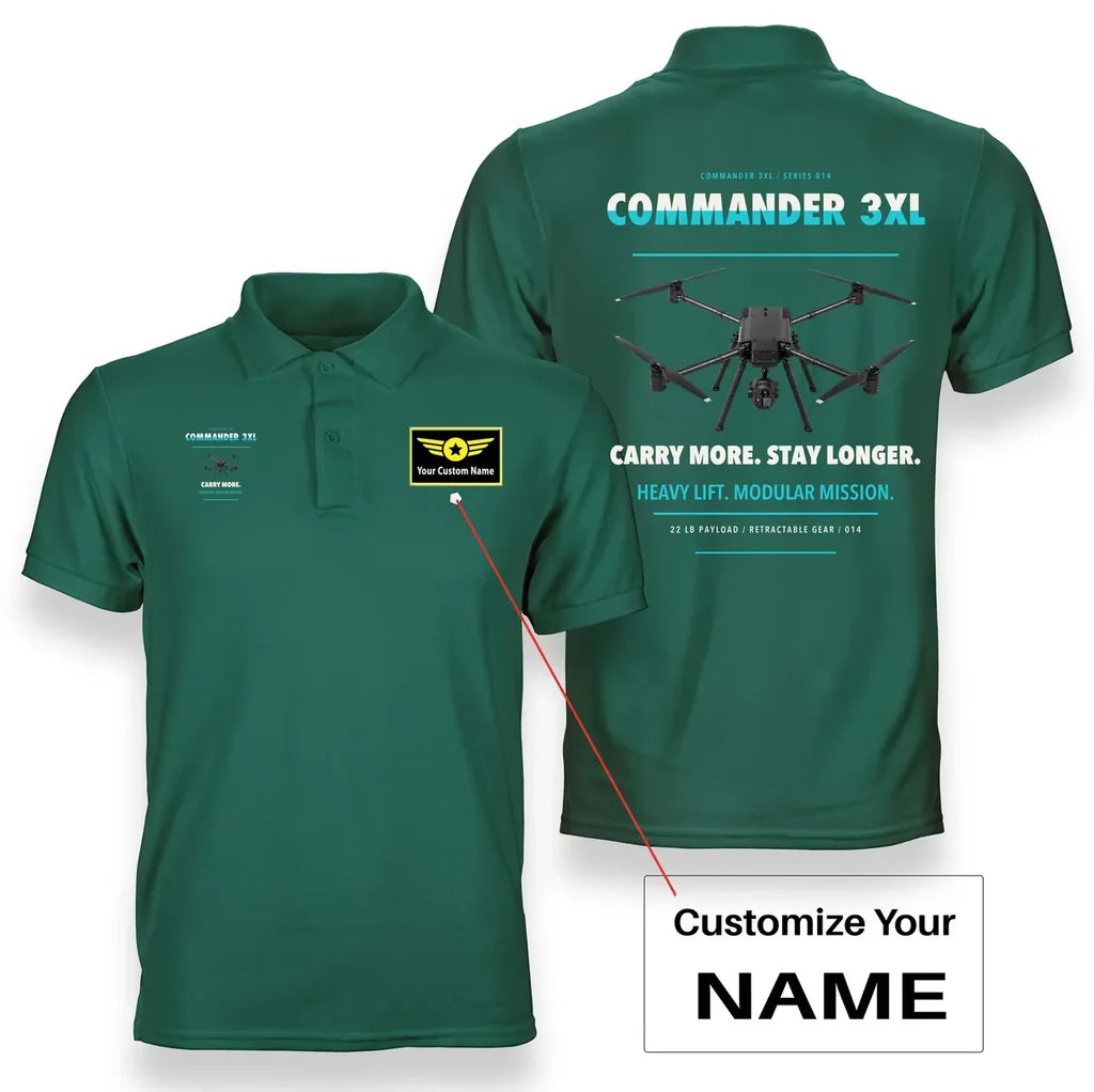 Draganfly Commander 3XL design on green polo with custom name badge