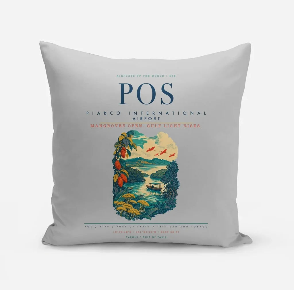 Piarco International Airport (POS) design on light gray pillow
