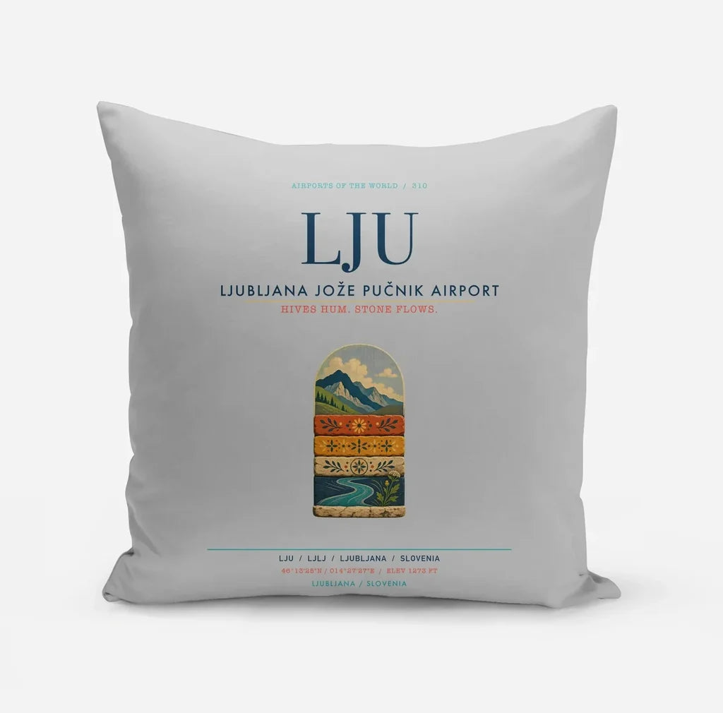 Ljubljana Jože Pučnik Airport (LJU) design on light gray pillow