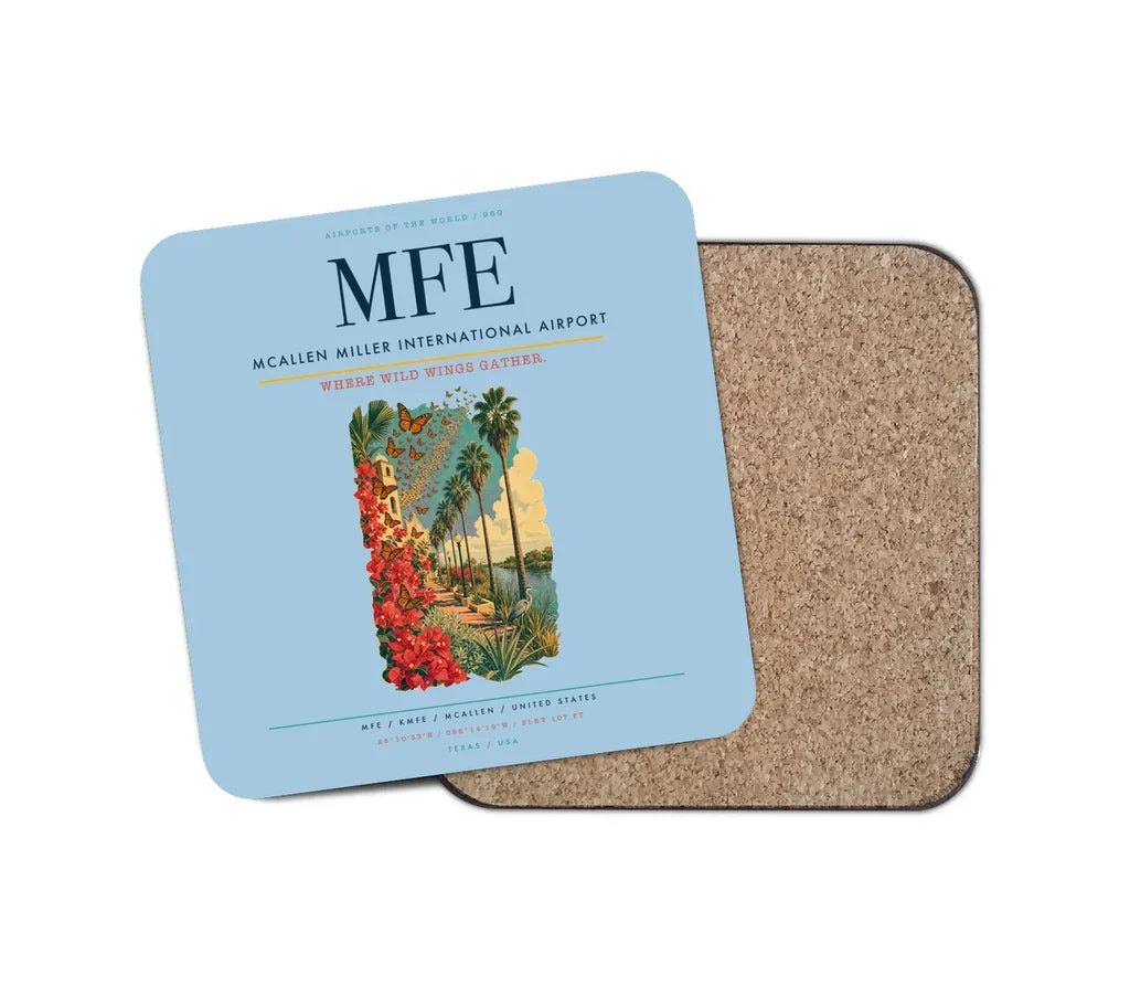 McAllen Miller International Airport (MFE) design on light blue 1 piece coaster