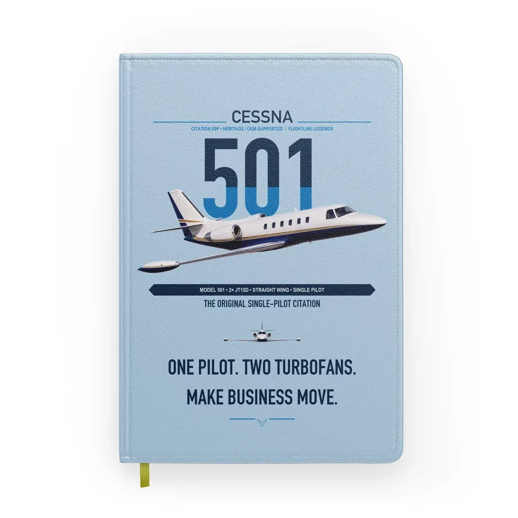 Cessna 501 Citation I SP design on light blue notebook