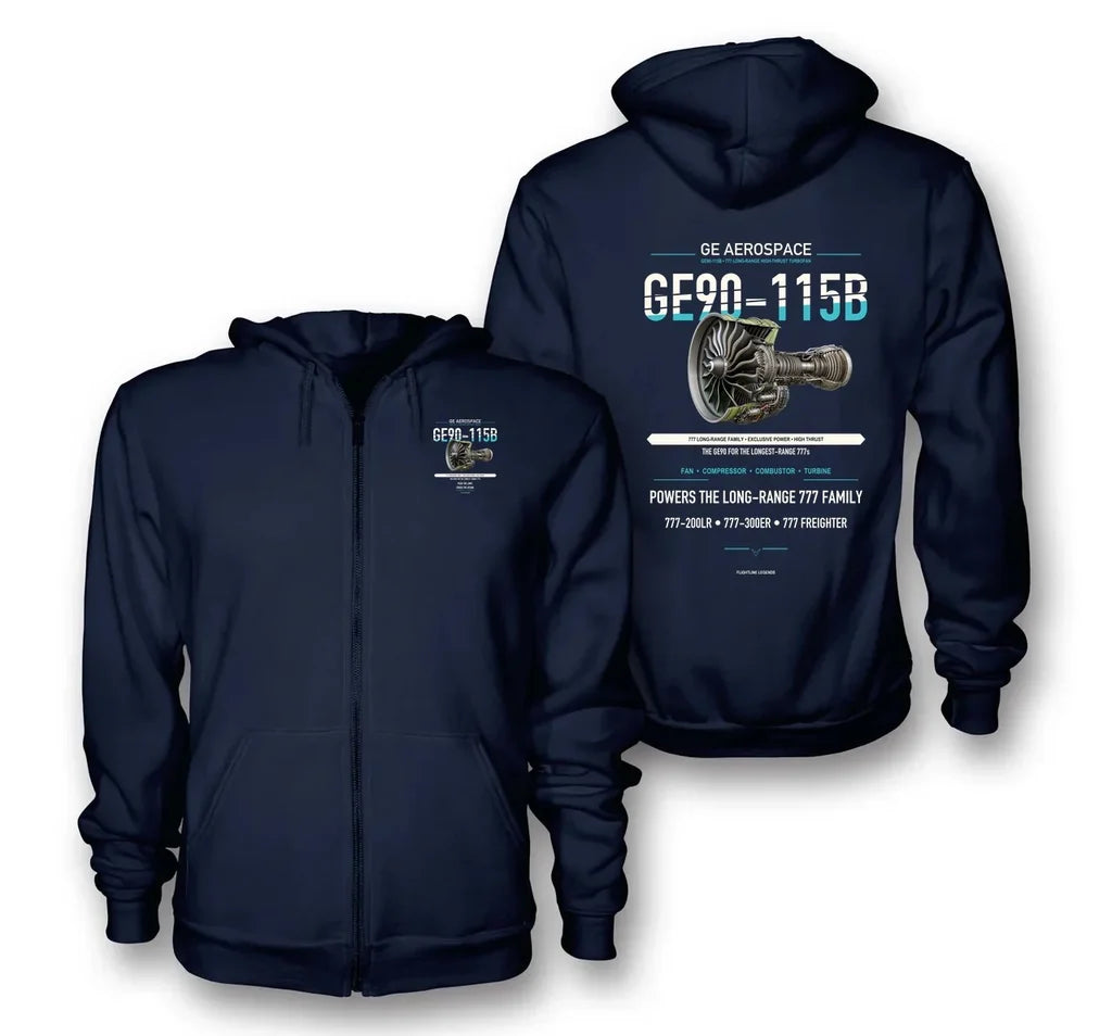 GE90-115B design on navy blue zipped hoodie