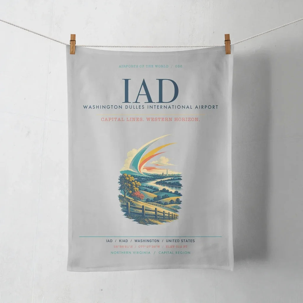 Washington Dulles International Airport (IAD) design on light gray towel