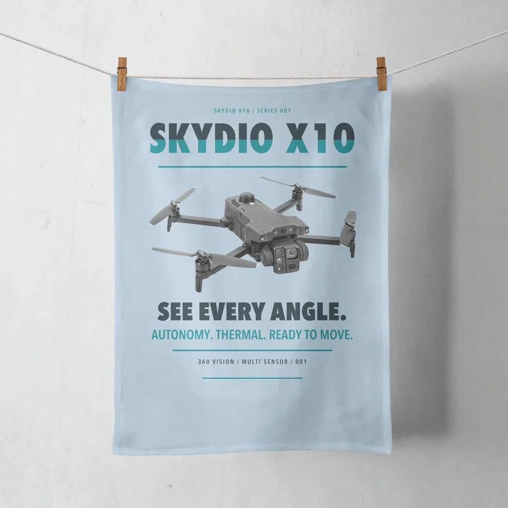 Skydio X10 design on light blue towel