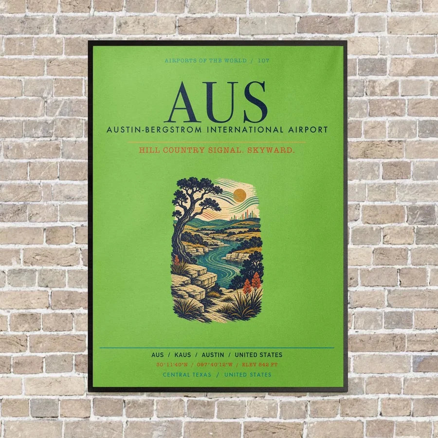 Austin-Bergstrom International Airport AUS vertical canvas print - framed - light green background