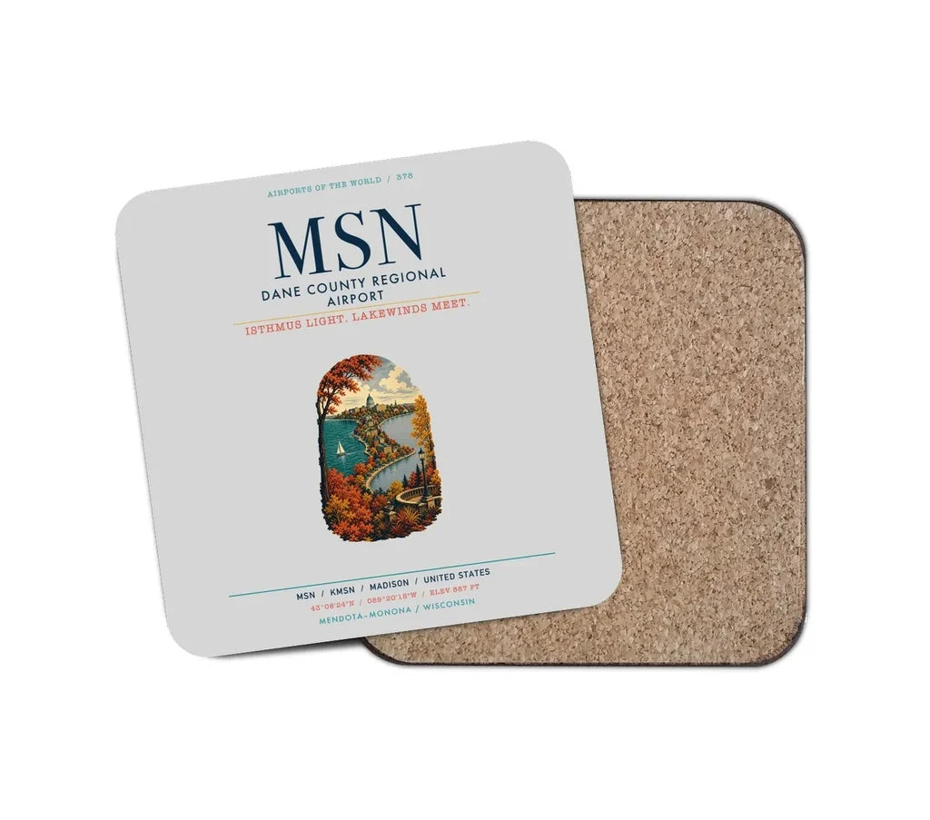Dane County Regional Airport Madison (MSN) design on light gray 1 piece coaster