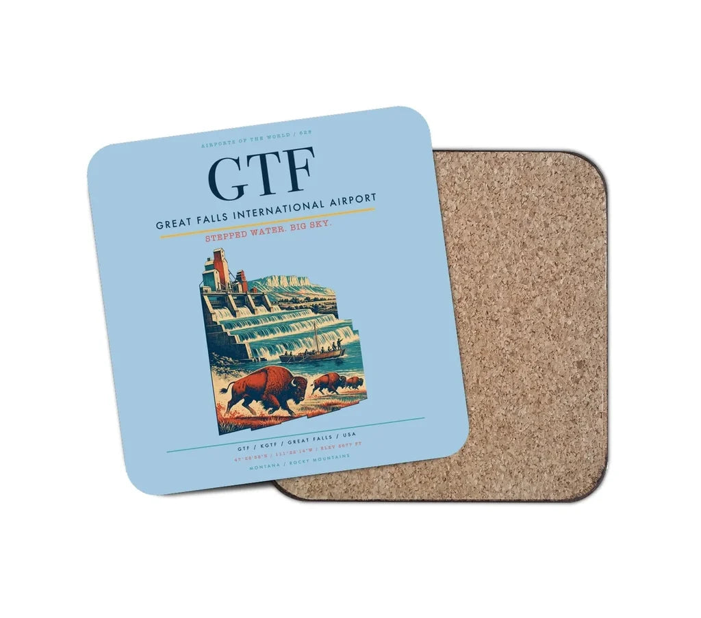 Great Falls International Airport (GTF) design on light blue 1 piece coaster