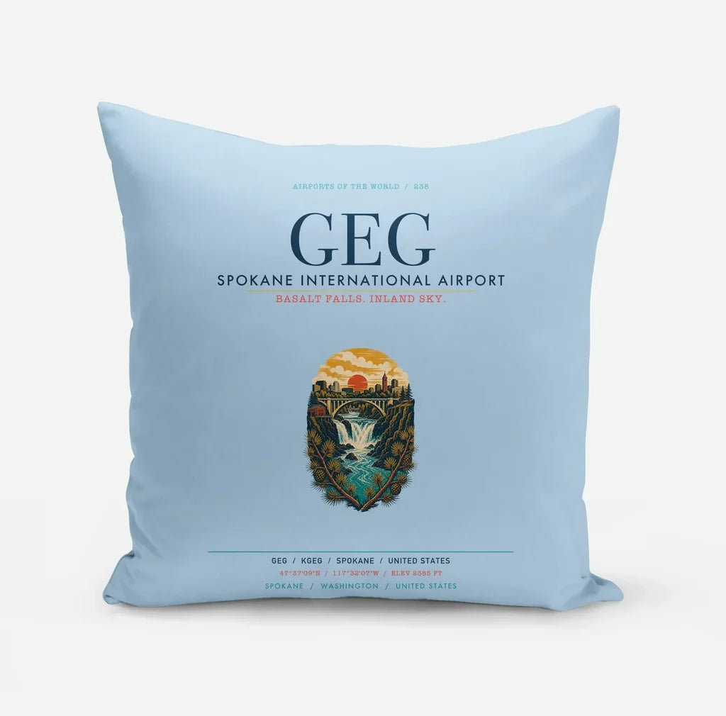 Spokane International Airport (GEG) design on light blue pillow