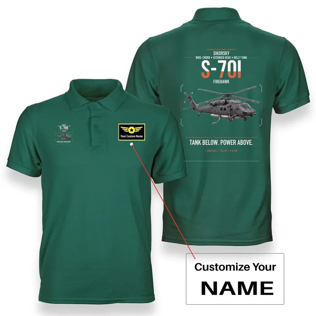 Sikorsky S-70i FIREHAWK design on green+name double-side polo t-shirt, double-side print