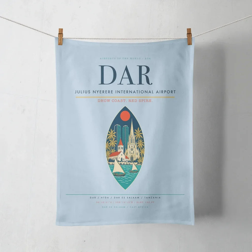 Julius Nyerere International Airport (DAR) design on light blue towel