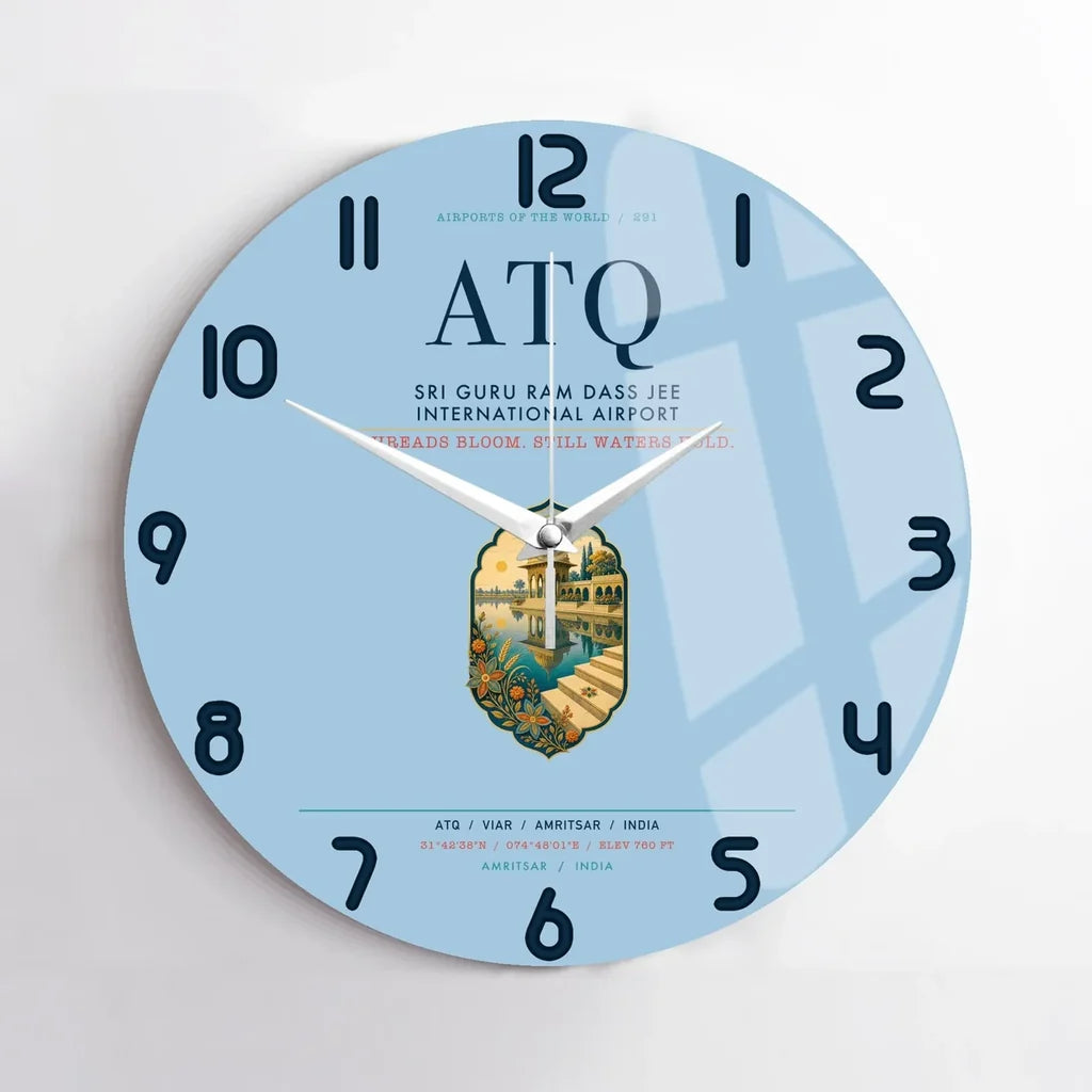 Sri Guru Ram Dass Jee International Airport Amritsar (ATQ) design on light blue no frame wall clock