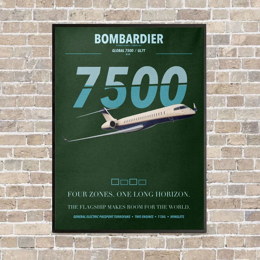 Bombardier Global 7500 vertical canvas print - framed - dark green background
