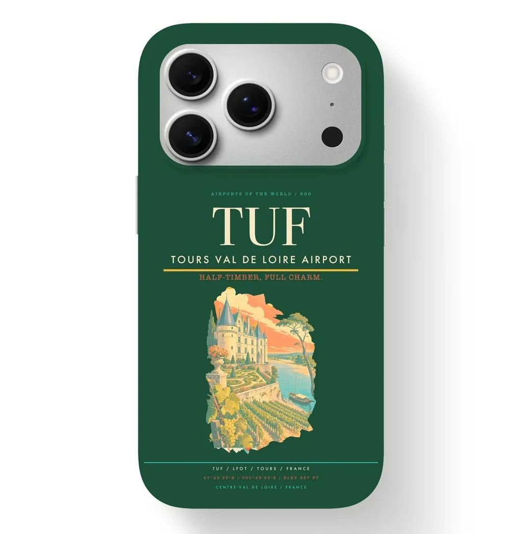 Tours Airport (TUF) design on dark green iPhone 17 Pro MagSafe case