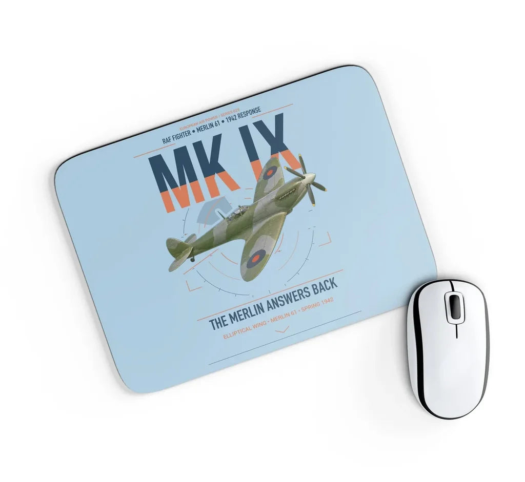 Supermarine Spitfire Mk IX design on light blue rectangle mouse pad