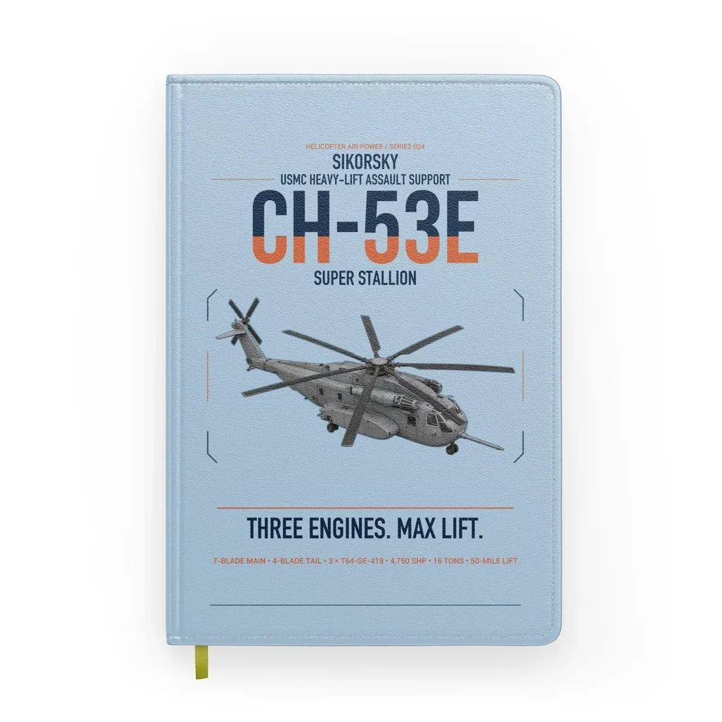 Sikorsky CH-53E Super Stallion design on light blue notebook