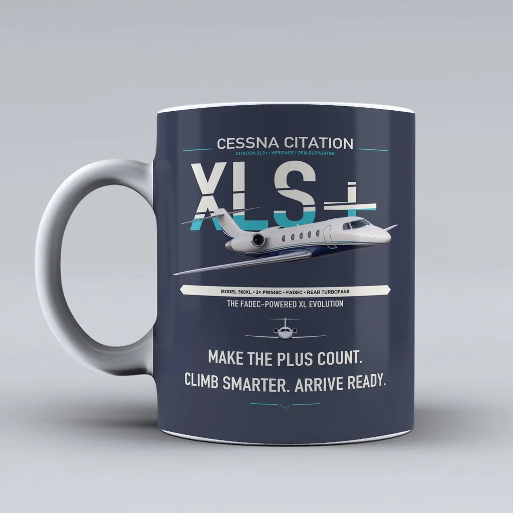 Cessna Citation XLSPlus design on dark blue ceramic mug, double-side print