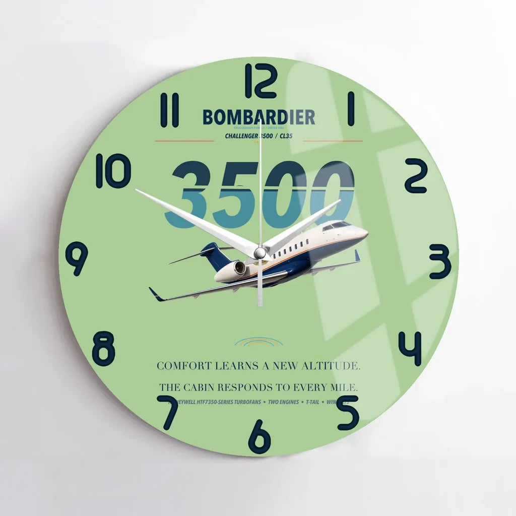 Bombardier Challenger 3500 design on light green no frame wall clock