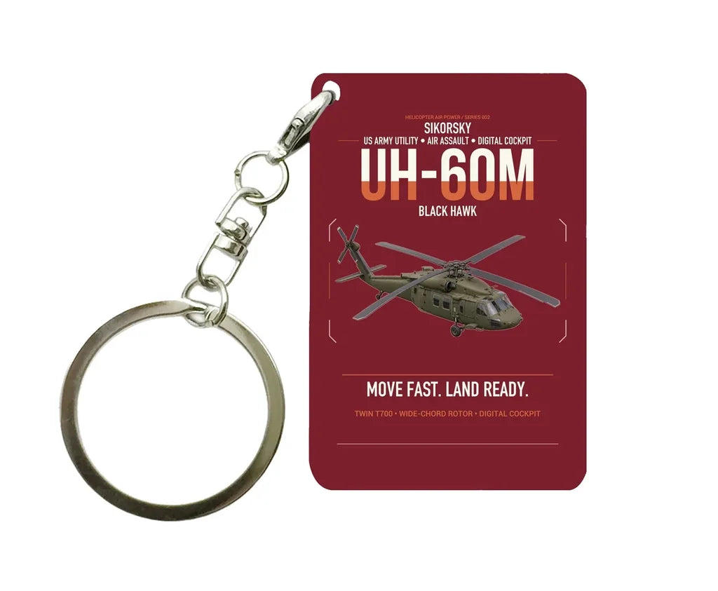 Sikorsky UH-60M Black Hawk design on dark red designed key chain, double-side print