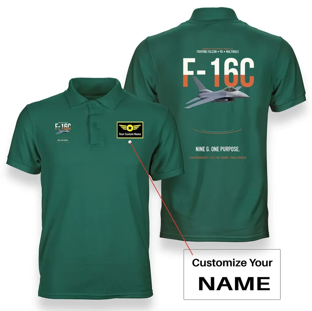 F-16C FIGHTING FALCON design on green polo with custom name badge