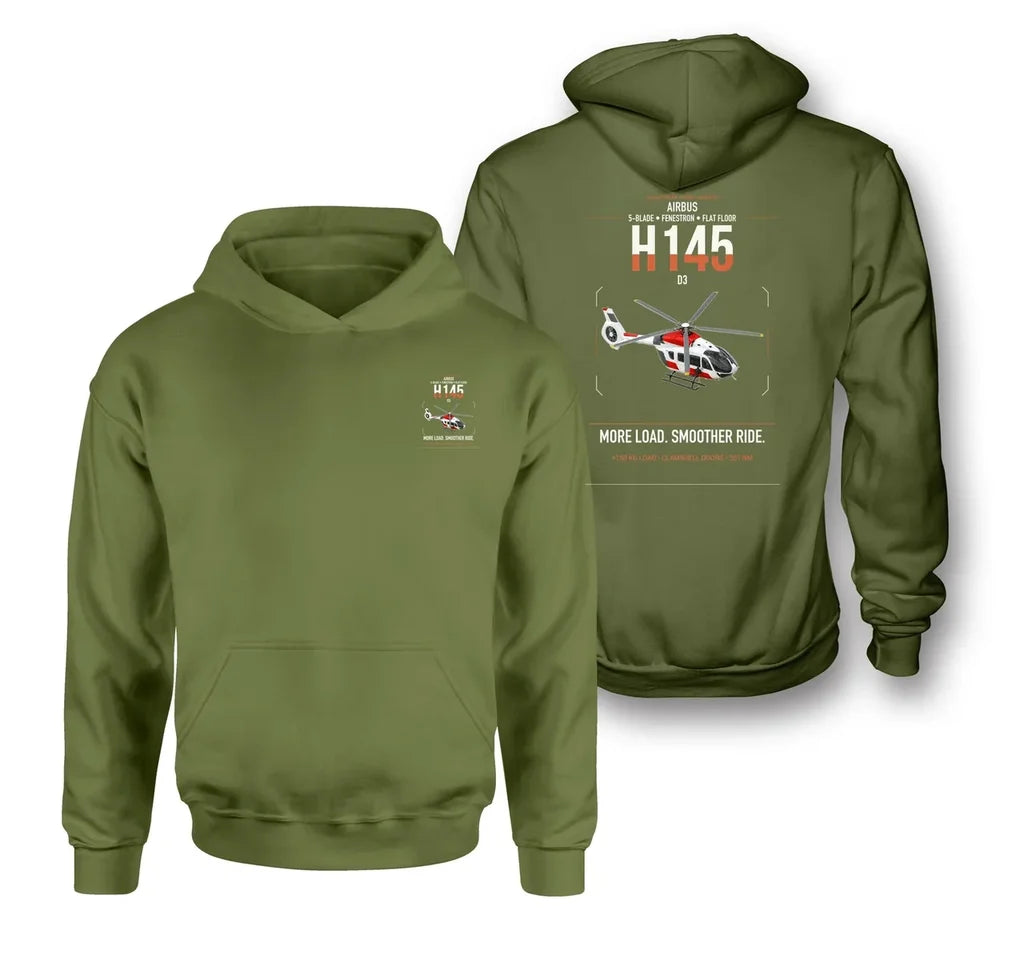 Airbus H145 D3 design on green army double-side hoodie, double-side print