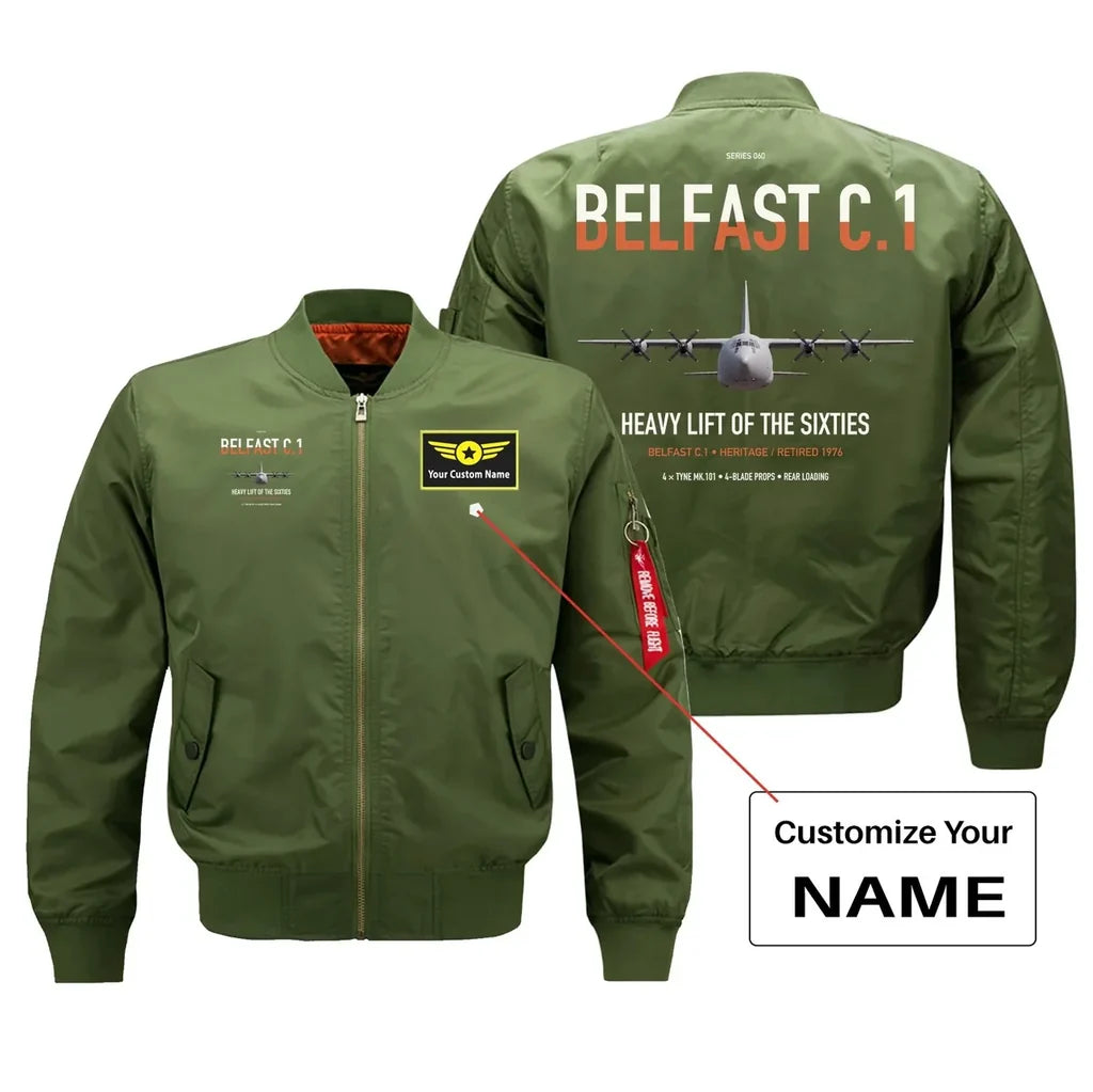 Short Belfast C.1 design on green+name bomber jacket, double-side print