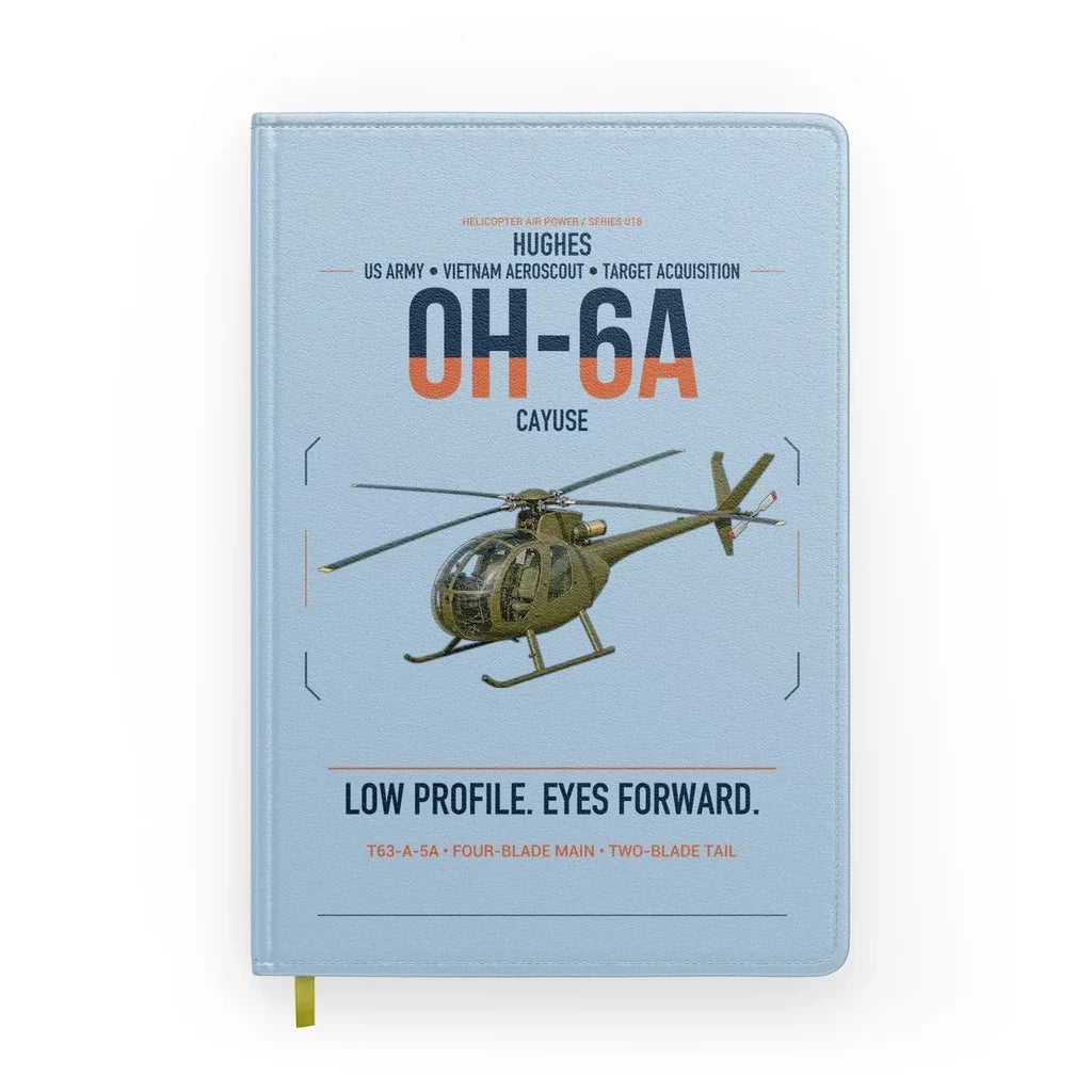 Hughes OH-6A Cayuse design on light blue notebook