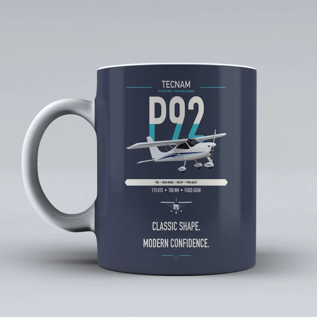Tecnam P92 Echo MkII design on dark blue ceramic mug, double-side print