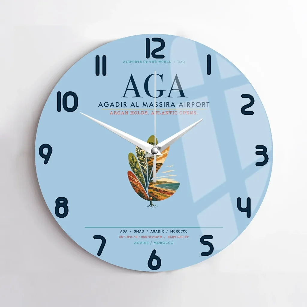 Agadir Al Massira Airport (AGA) design on light blue no frame wall clock